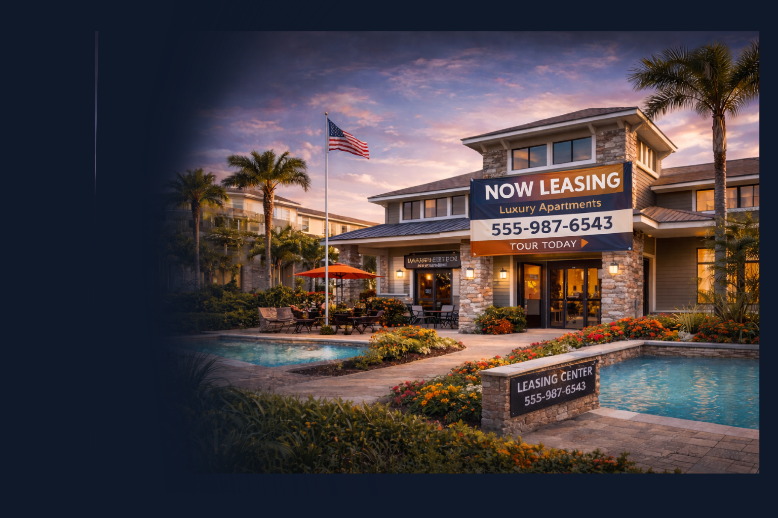 Apartment leasing office exterior with banner signage